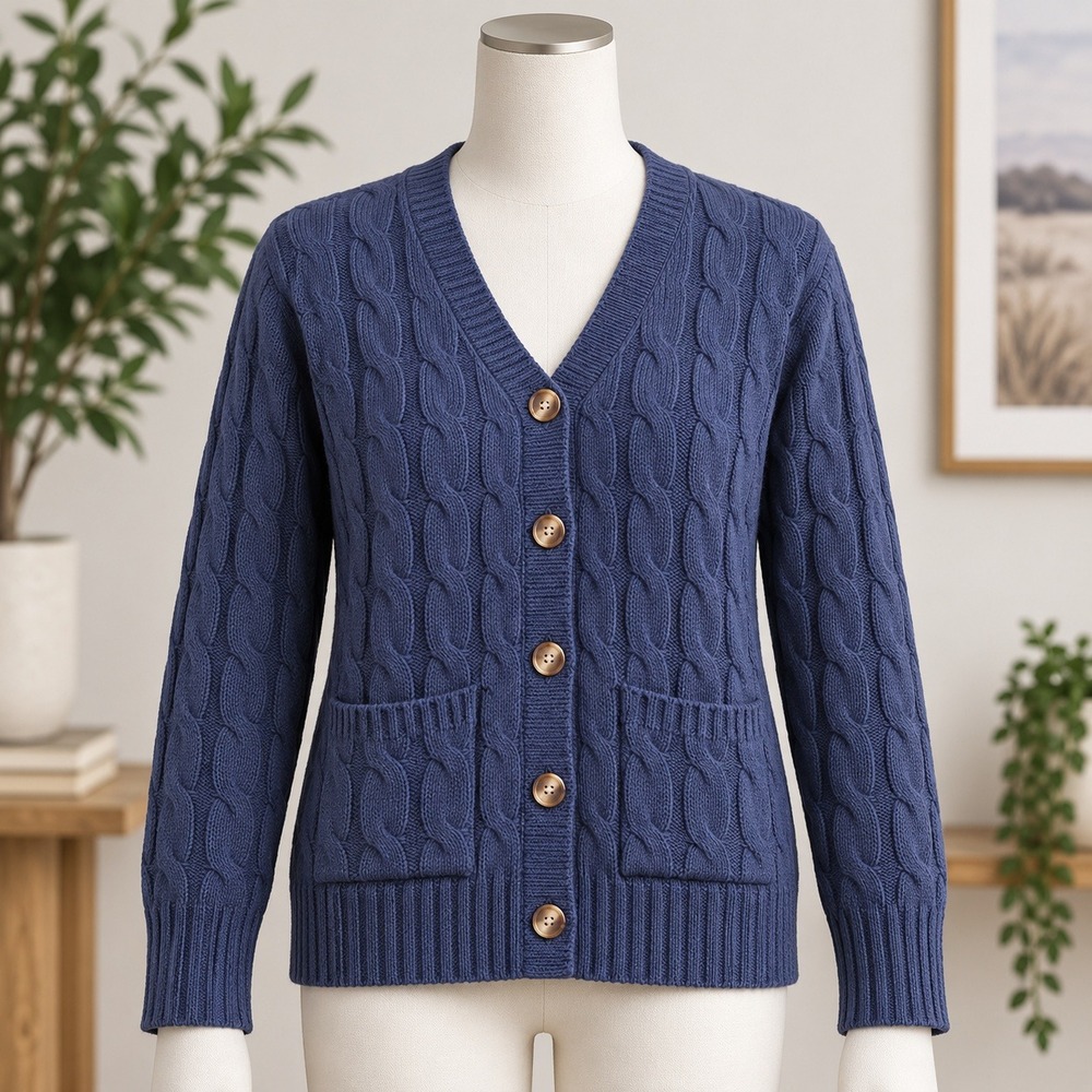 NWOT UEU Cardigan Sweater Womens Medium Blue Cable Knit Button Front Pockets